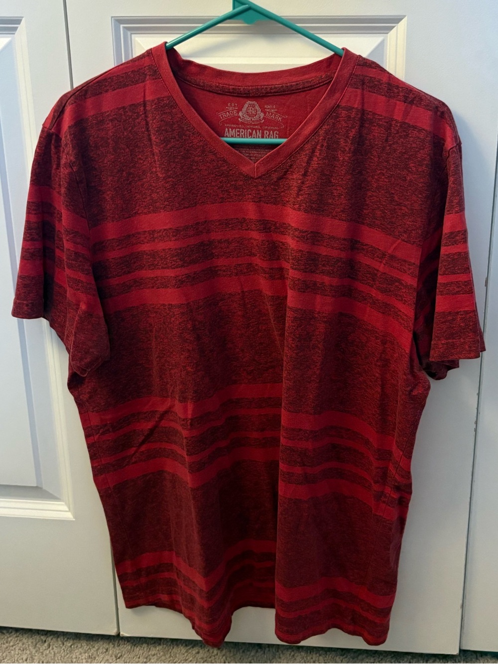 American Rag Men's Red and Black Striped V-Neck Tee
